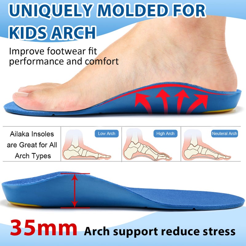 Ailaka Kids Orthotic Cushioning Arch Support Shoe Insoles, Children Pu Foam Inserts for Flat feet, Plantar Fasciitis, Feet Heel Pain Relief - Image 2